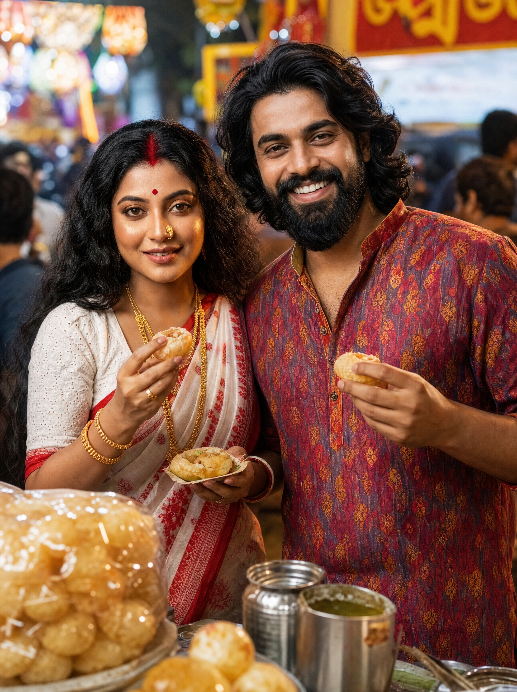 Bengali Couple: Phuchka at the Pandal, Bengali AI image prompt for Durga Puja
