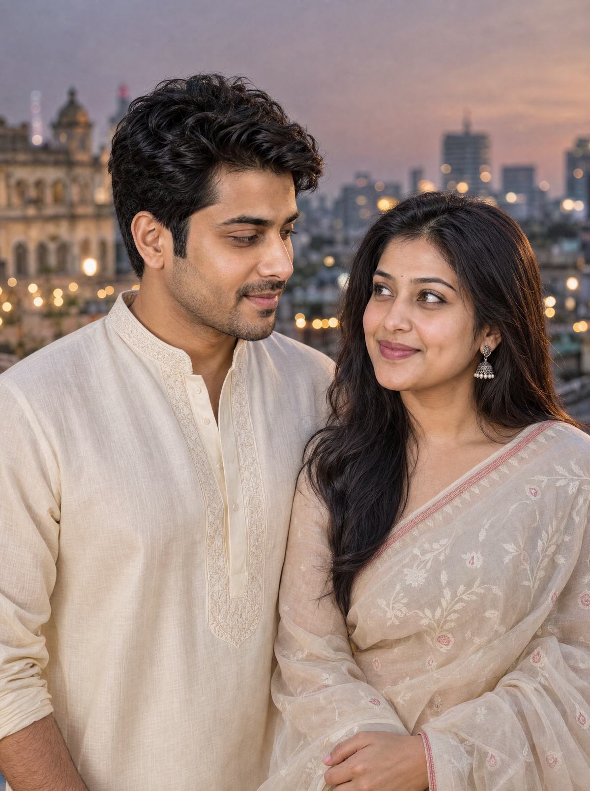 Durga Puja AI Photo Prompt - Bengali Couple: Rooftop Dusk