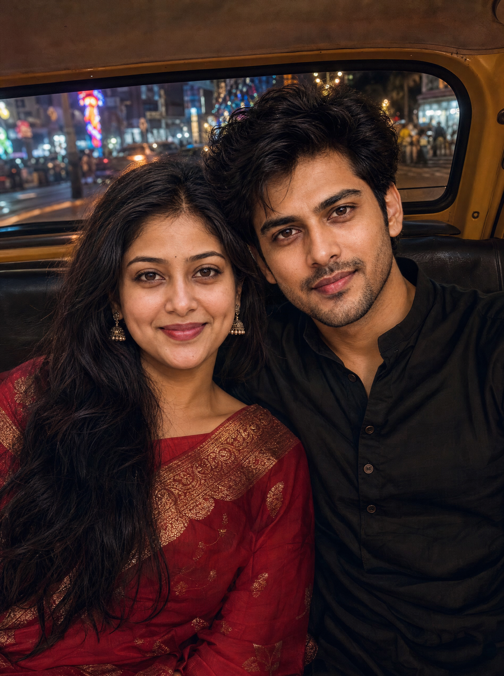 Bengali Couple: Yellow Taxi Night, Bengali AI image prompt for Durga Puja