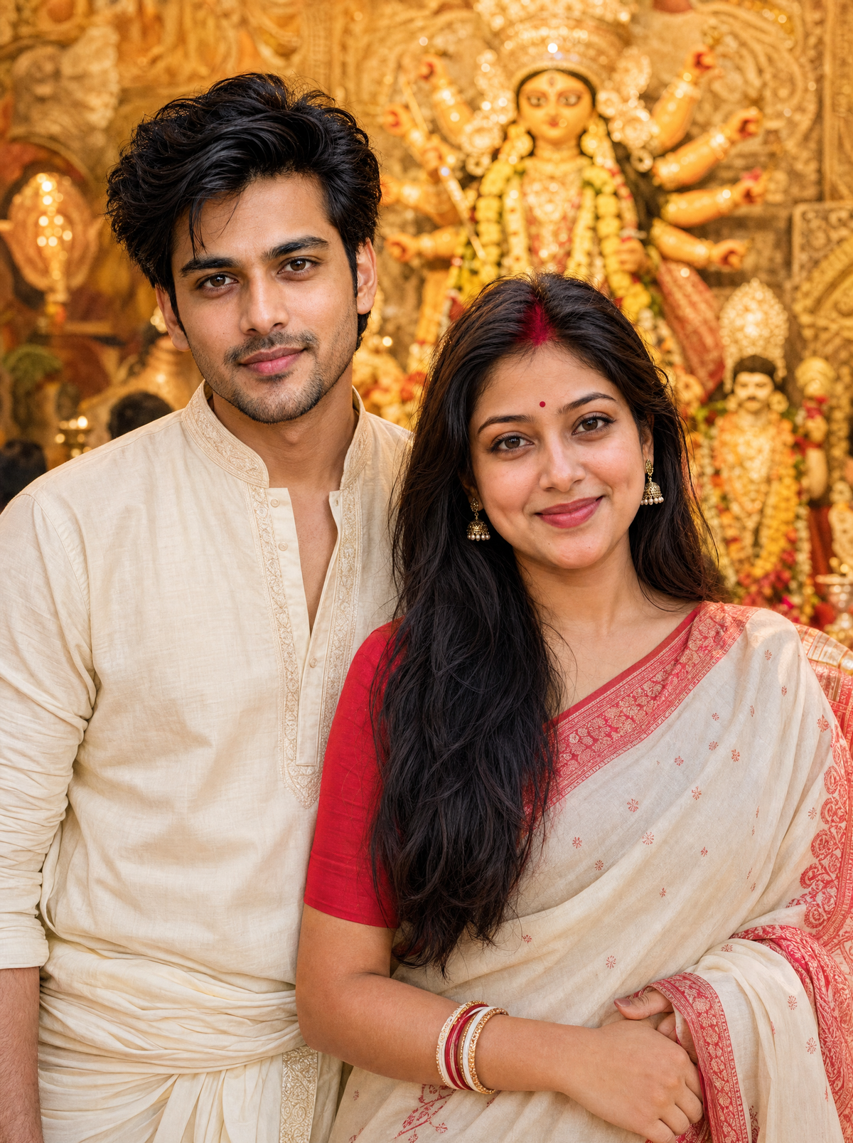 Durga Puja AI Photo Prompt - Bengali Married Couple: Before the Idol
