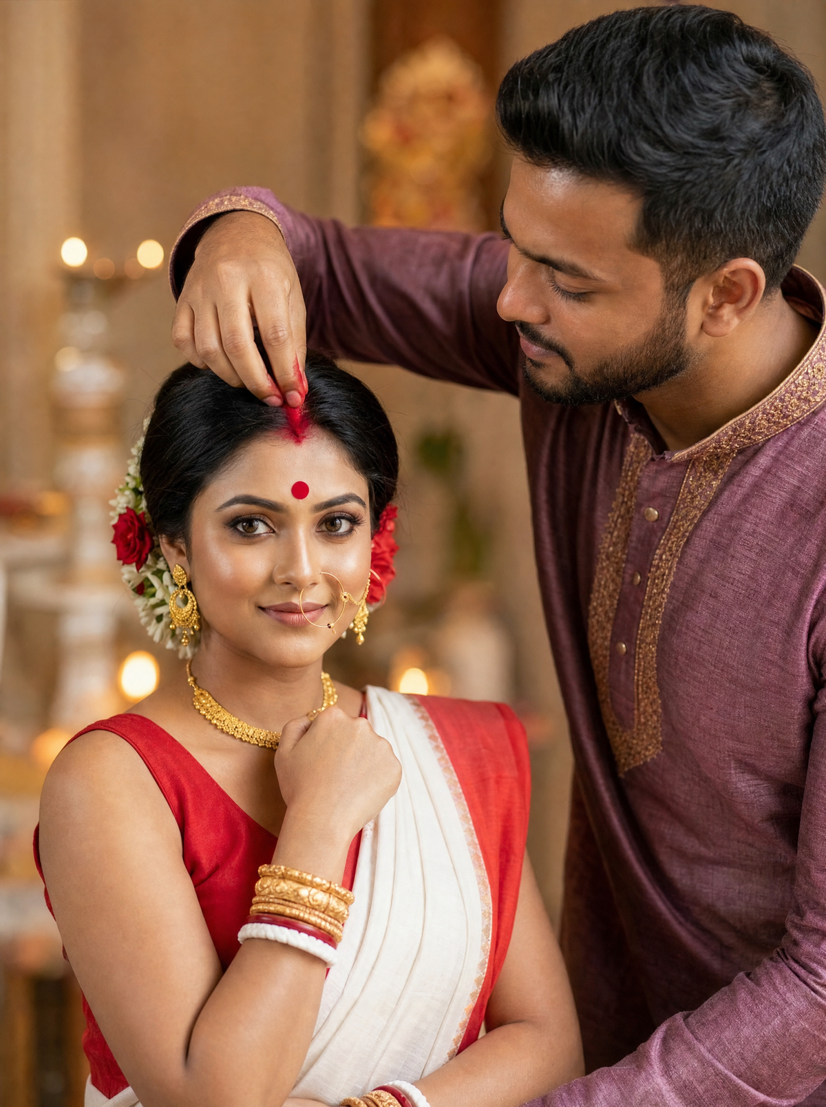 Durga Puja AI Photo Prompt - Bengali Married Couple: Dashami Sindoor Moment