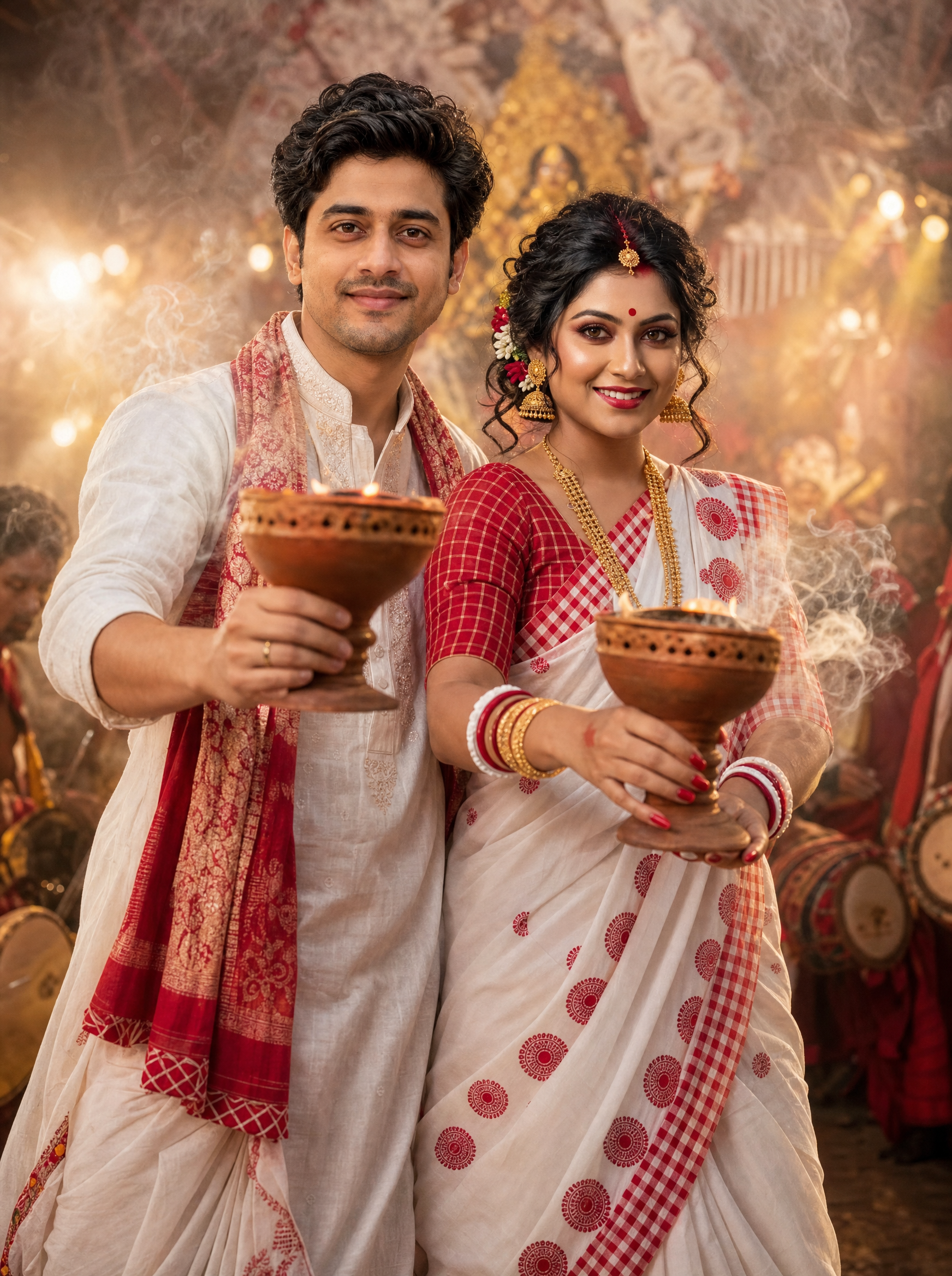 Bengali Married Couple: Dhunuchi Together, Bengali AI image prompt for Durga Puja
