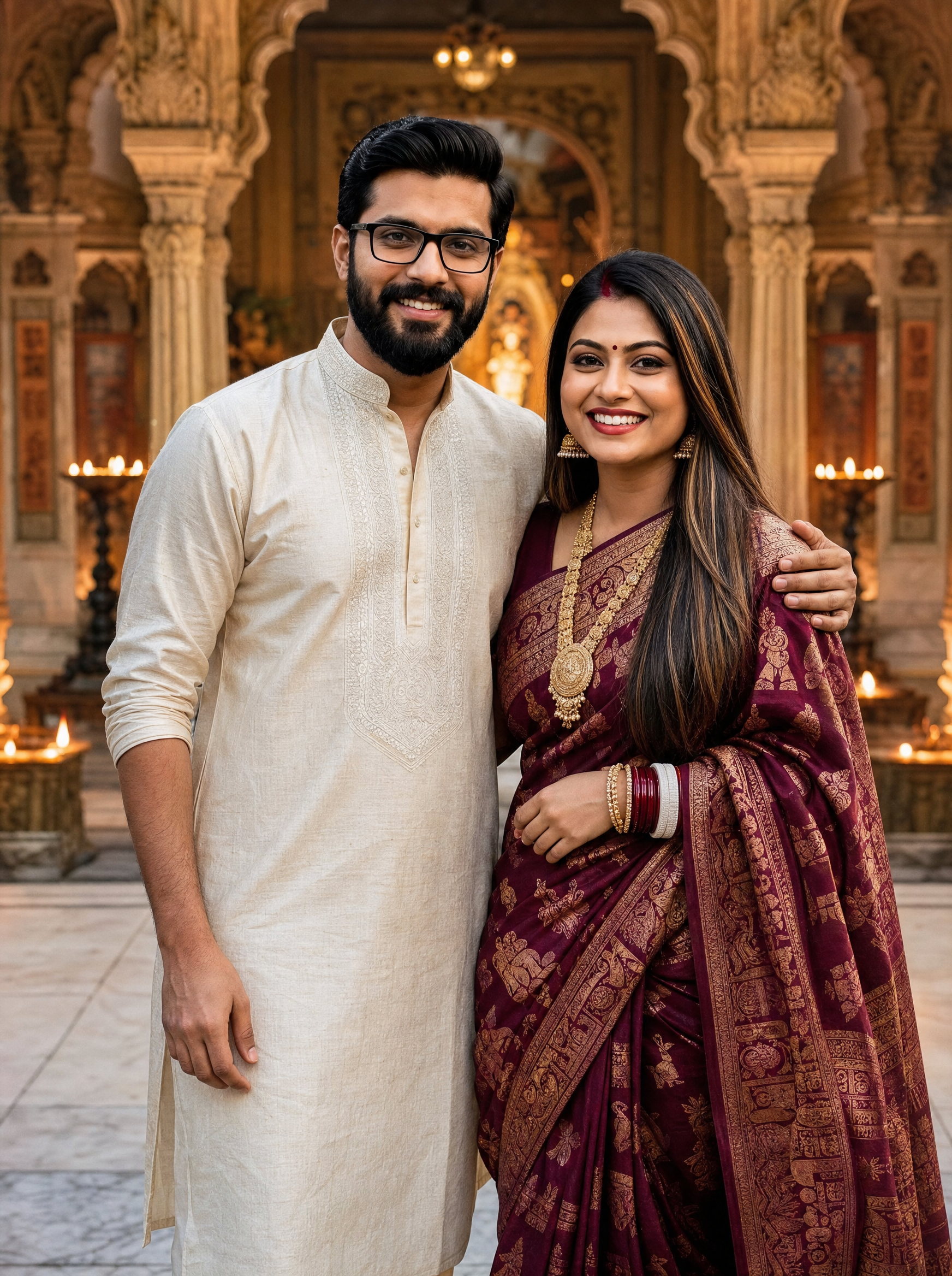 Bengali Married Couple: Rajbari Photoshoot, Bengali AI image prompt for Durga Puja