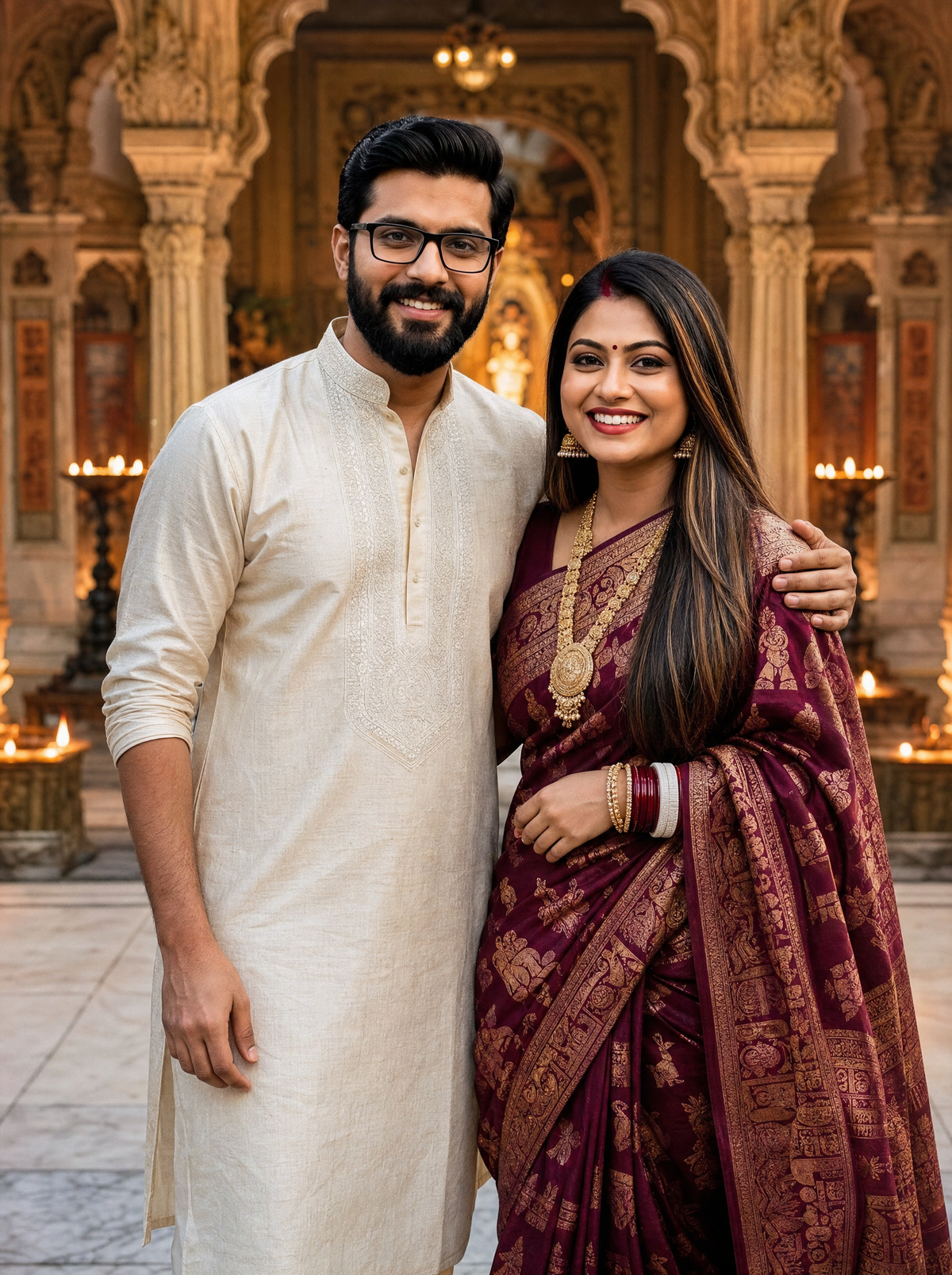 Durga Puja AI Photo Prompt - Bengali Married Couple: Rajbari Photoshoot