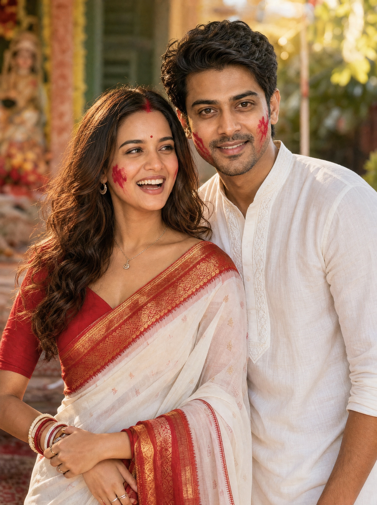 Durga Puja AI Photo Prompt - Bengali Married Couple: Sindoor Khela Together