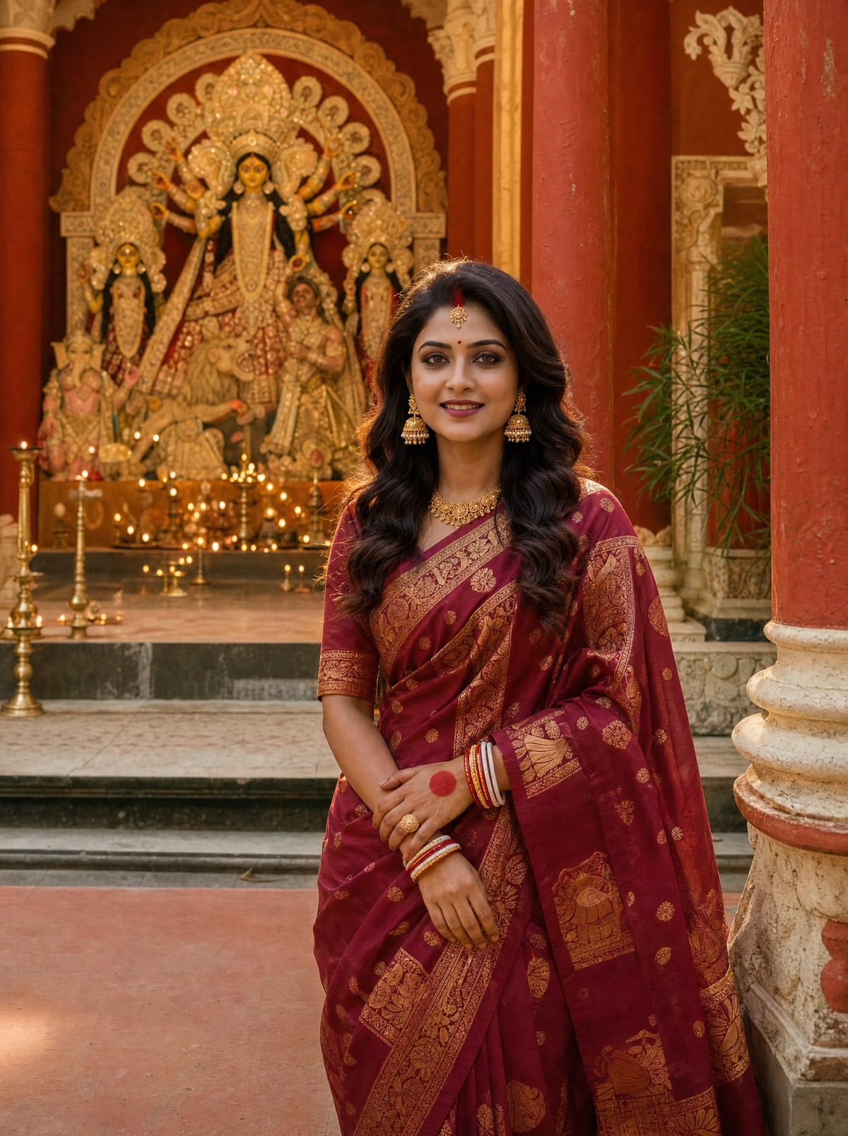 Durga Puja AI Photo Prompt - Bengali Married Woman: Baluchari at the Rajbari
