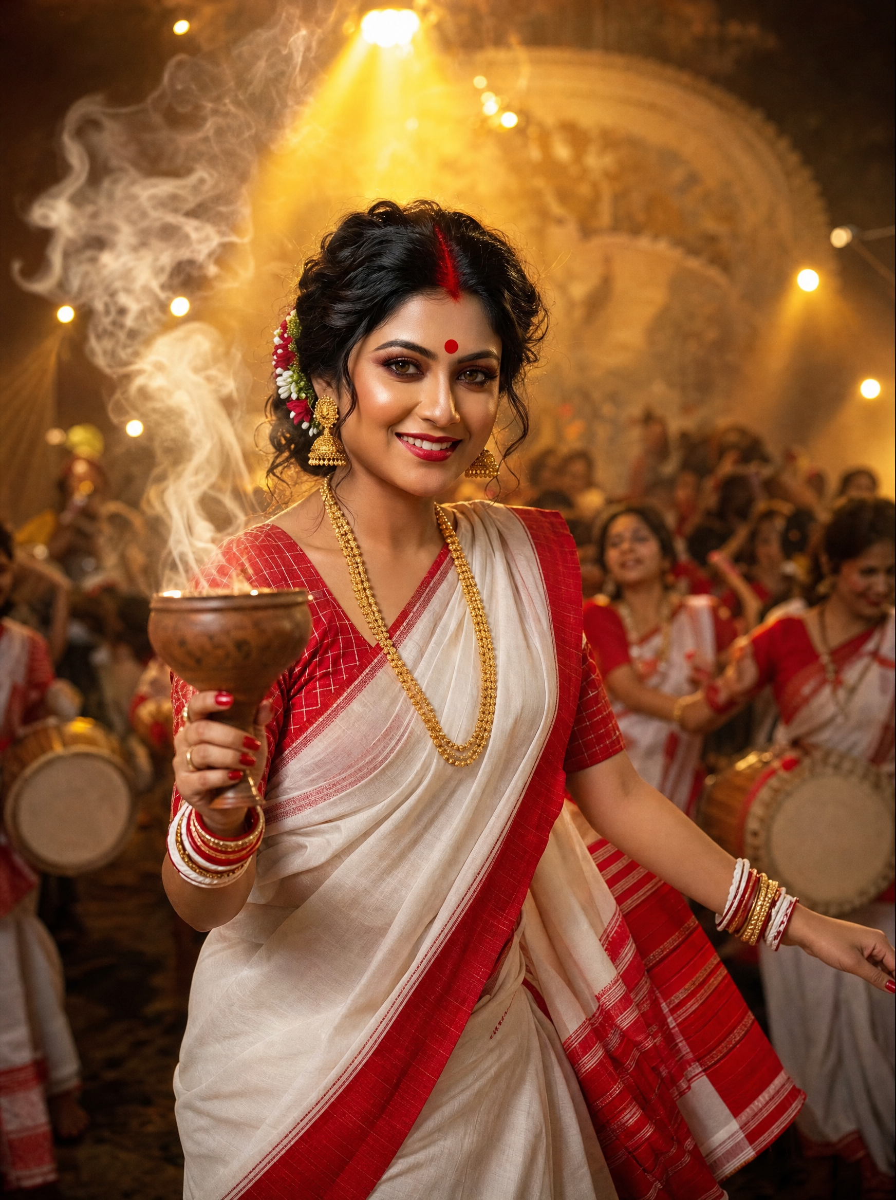 Bengali Married Woman: Dhunuchi Naach, Bengali AI image prompt for Durga Puja