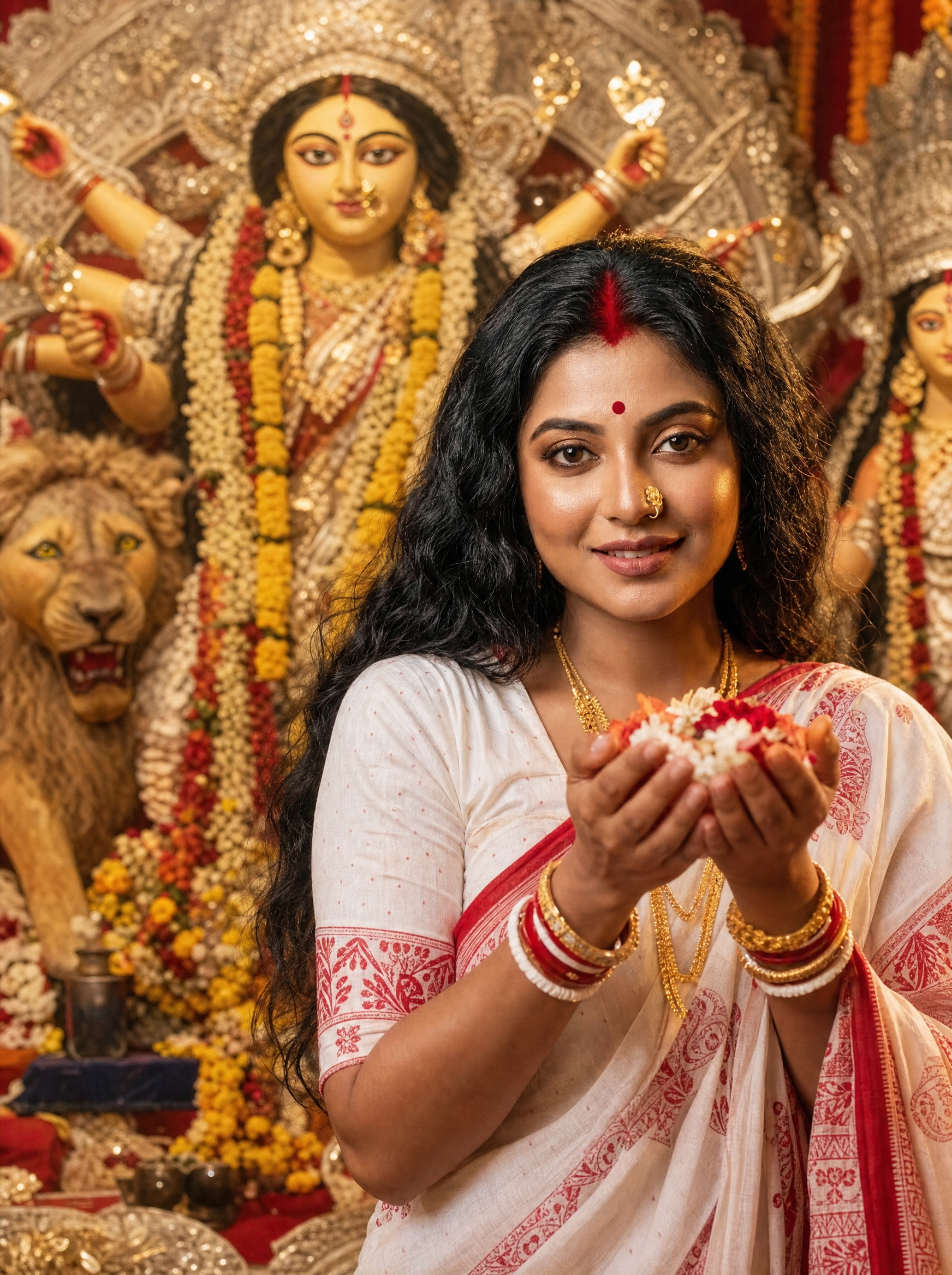 Bengali Married Woman: Pushpanjali (Ashtami), Bengali AI image prompt for Durga Puja

