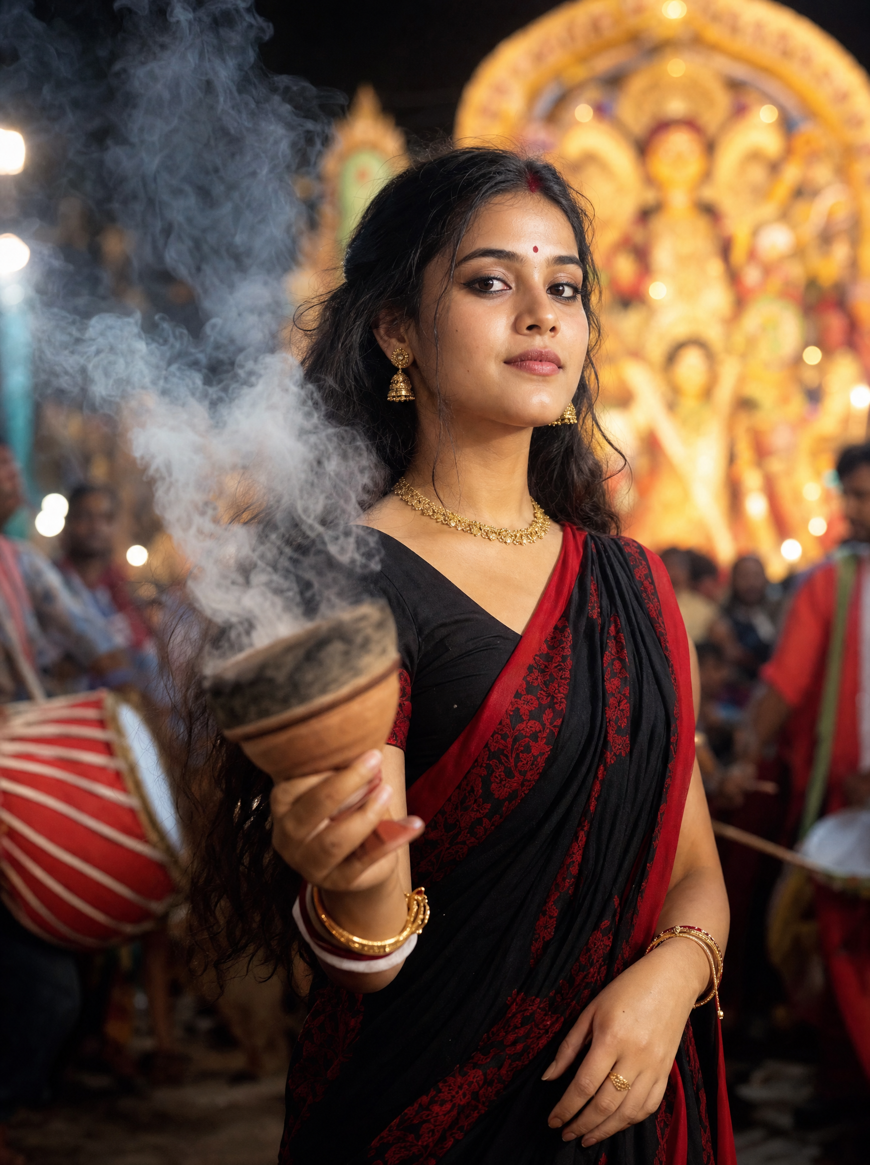 Bengali Young Girl: Dhunuchi Cool (Bold), Bengali AI image prompt for Durga Puja
