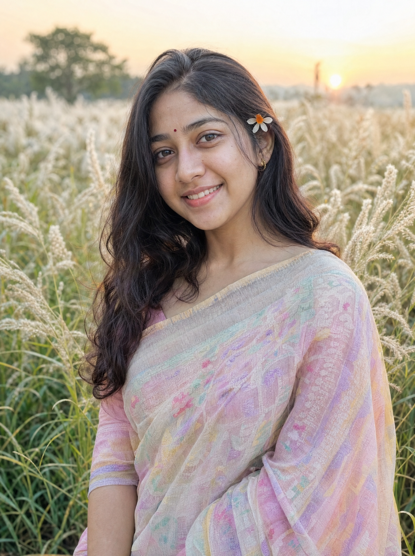 Bengali Young Girl: Jamdani and Shiuli, Bengali AI image prompt for Durga Puja
