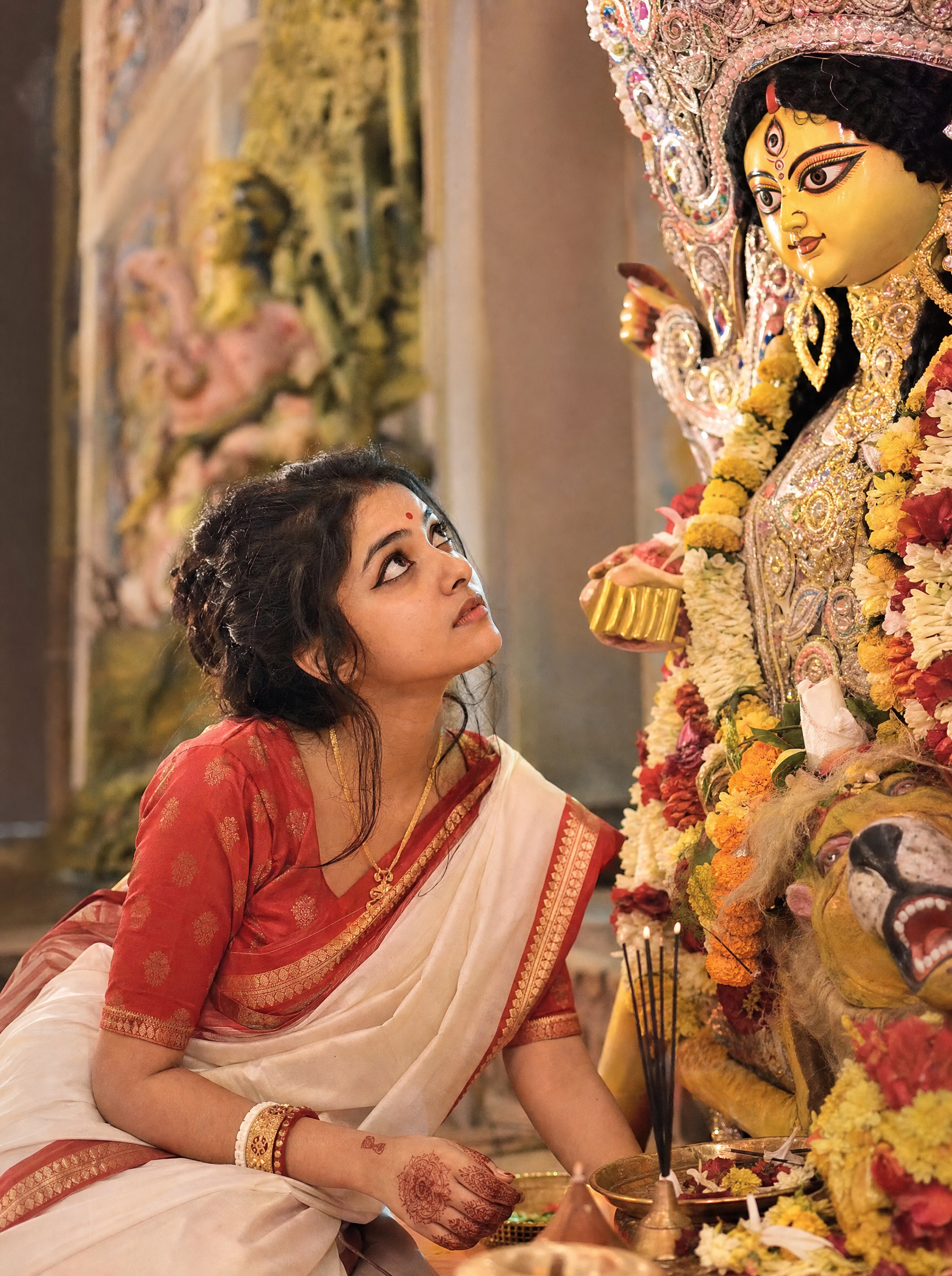 Bengali Young Girl: Red-White Classic, Bengali AI image prompt for Durga Puja