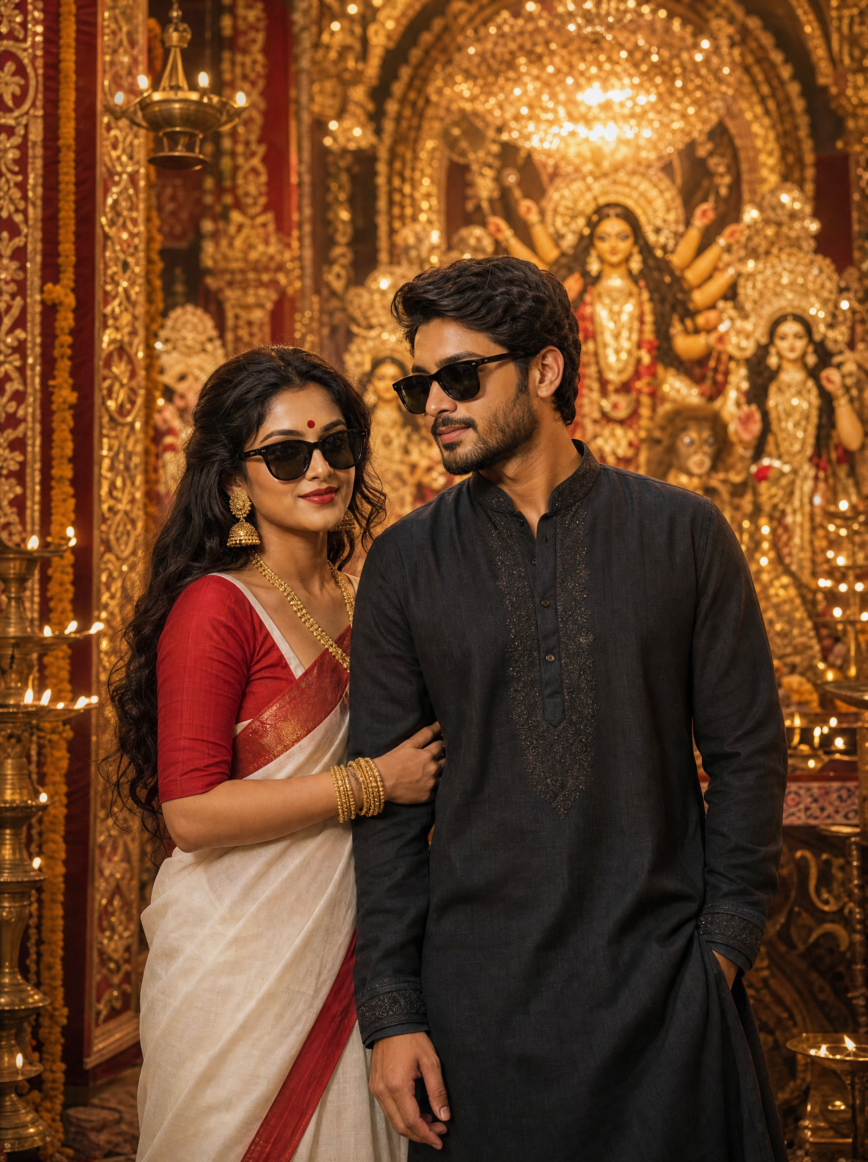 Bengali Couple Sunglasses, Bengali AI image prompt for Durga Puja
