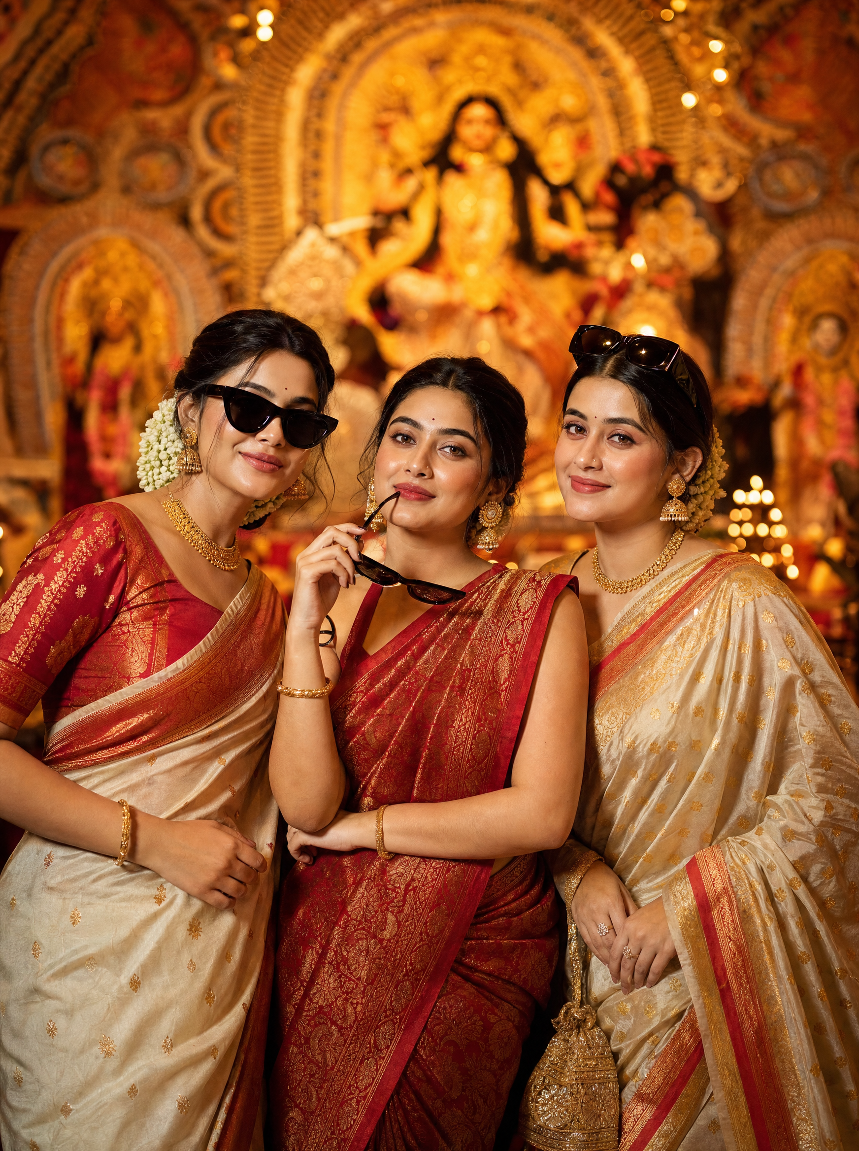 Three Girls Pandal Hopping, Bengali AI image prompt for Durga Puja